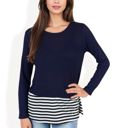  Long Sleeve Top with Striped Hem Contrast Layered Look Casual Comfortable Tunic Style