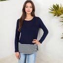  Long Sleeve Top with Striped Hem Contrast Layered Look Casual Comfortable Tunic Style