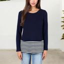  Long Sleeve Top with Striped Hem Contrast Layered Look Casual Comfortable Tunic Style