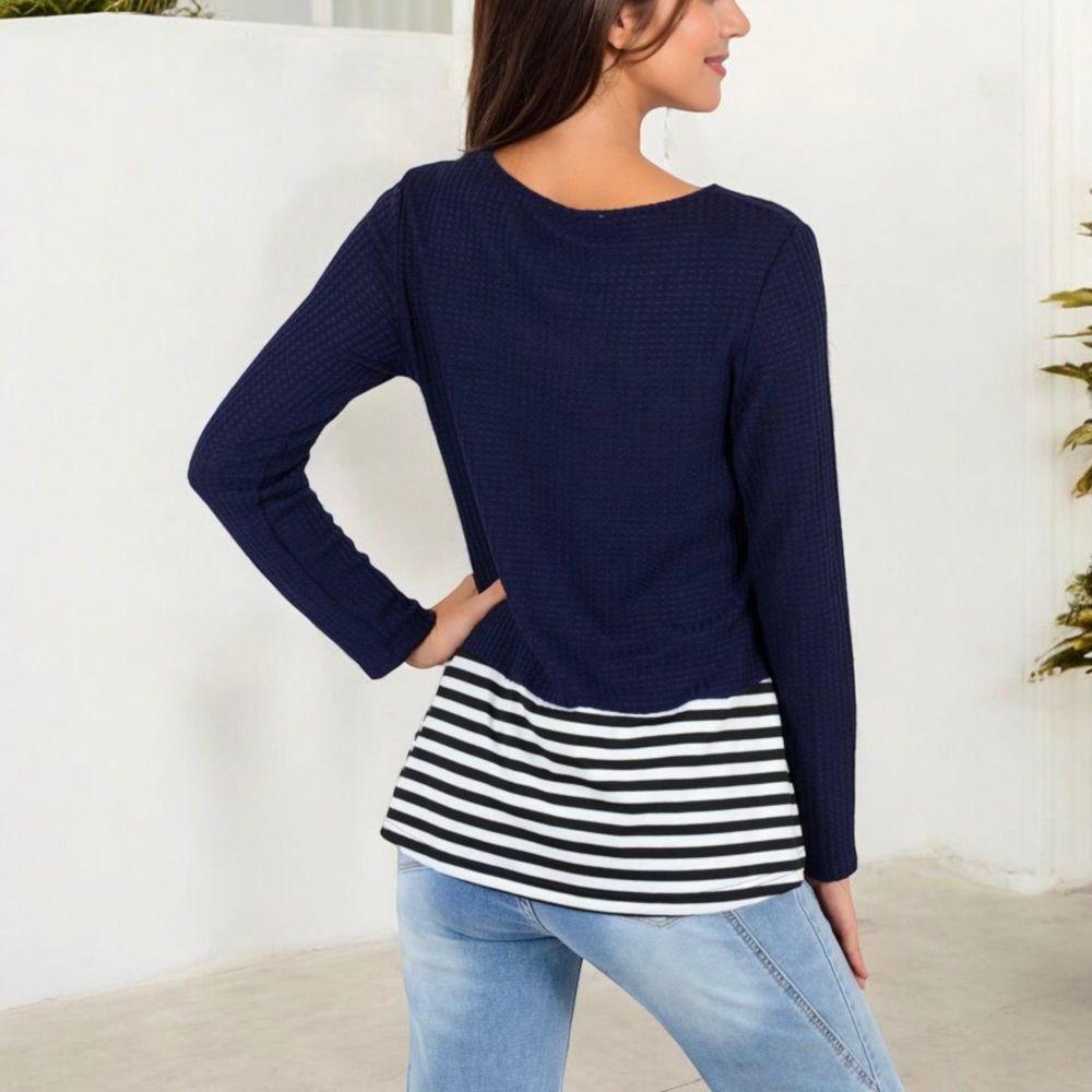 Long Sleeve Top with Striped Hem Contrast Layered Look Casual Comfortable Tunic Style