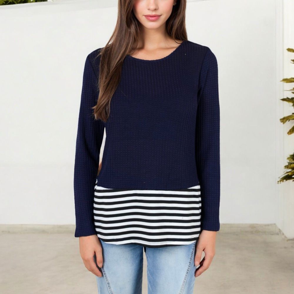 Long Sleeve Top with Striped Hem Contrast Layered Look Casual Comfortable Tunic Style