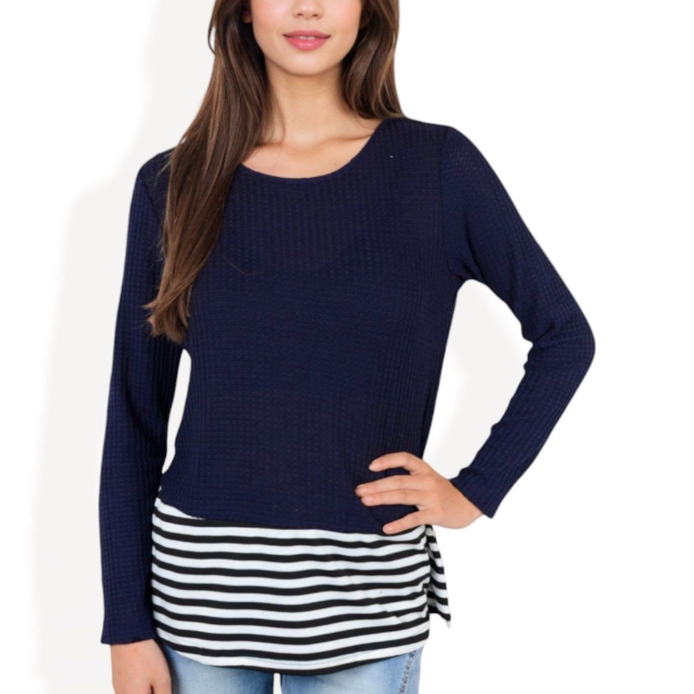 Long Sleeve Top with Striped Hem Contrast Layered Look Casual Comfortable Tunic Style