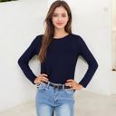 Blue Small Long Sleeve Top with Striped Hem Contrast Layered Look Casual Comfortable Tunic Style