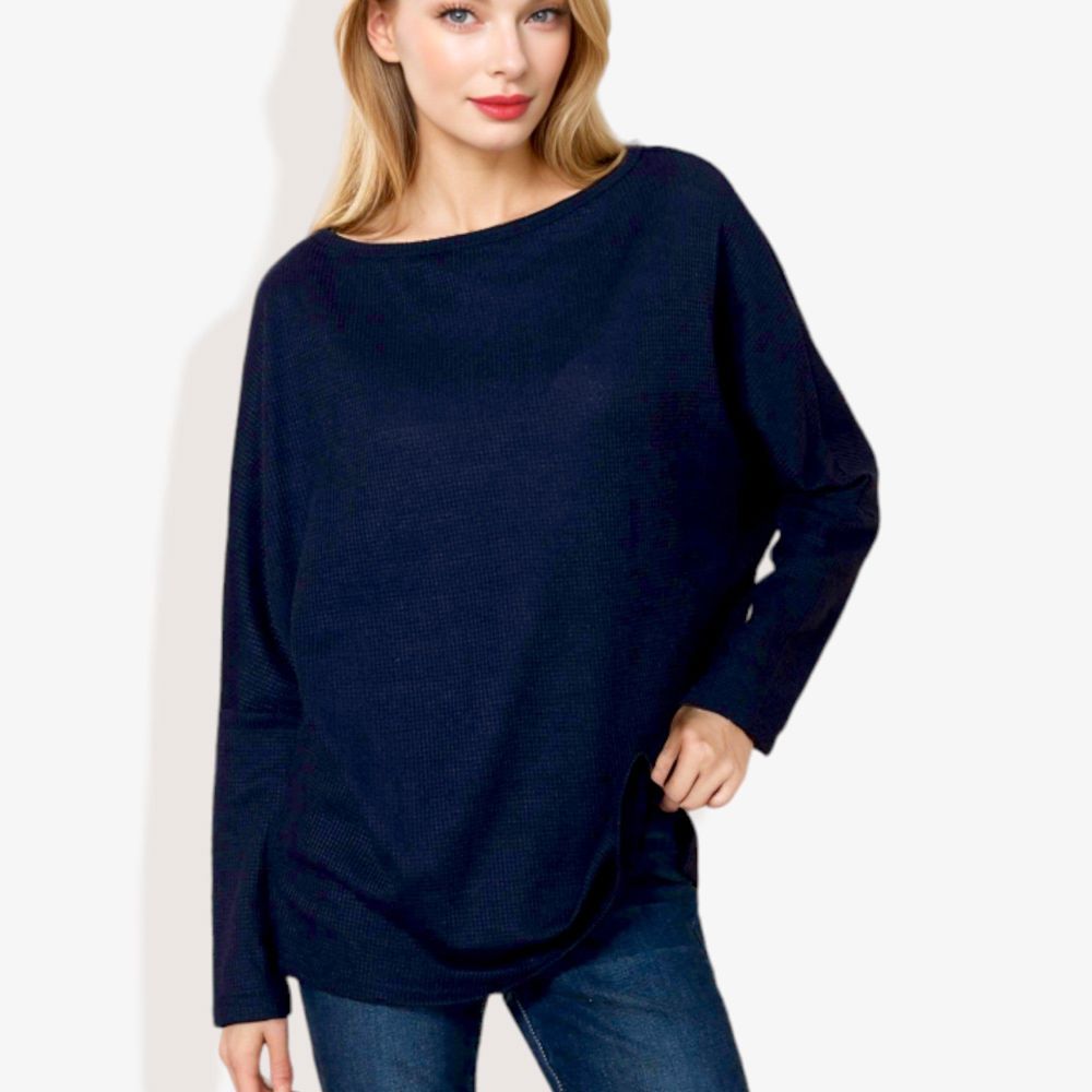 Open Neck Waffle Knit Dolman Sleeve Side Slit Tunic Pullover