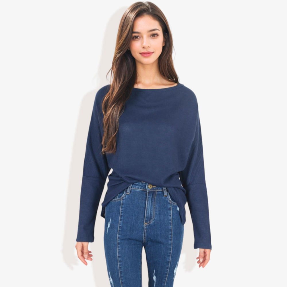 Open Neck Waffle Knit Dolman Sleeve Side Slit Tunic Pullover