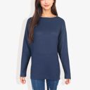 Blue Large Open Neck Waffle Knit Dolman Sleeve Side Slit Tunic Pullover