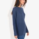 Blue Large Open Neck Waffle Knit Dolman Sleeve Side Slit Tunic Pullover