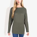 Green Medium Open Neck Waffle Knit Dolman Sleeve Side Slit Tunic Pullover