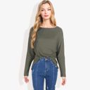 Green Medium Open Neck Waffle Knit Dolman Sleeve Side Slit Tunic Pullover