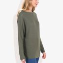 Green Medium Open Neck Waffle Knit Dolman Sleeve Side Slit Tunic Pullover