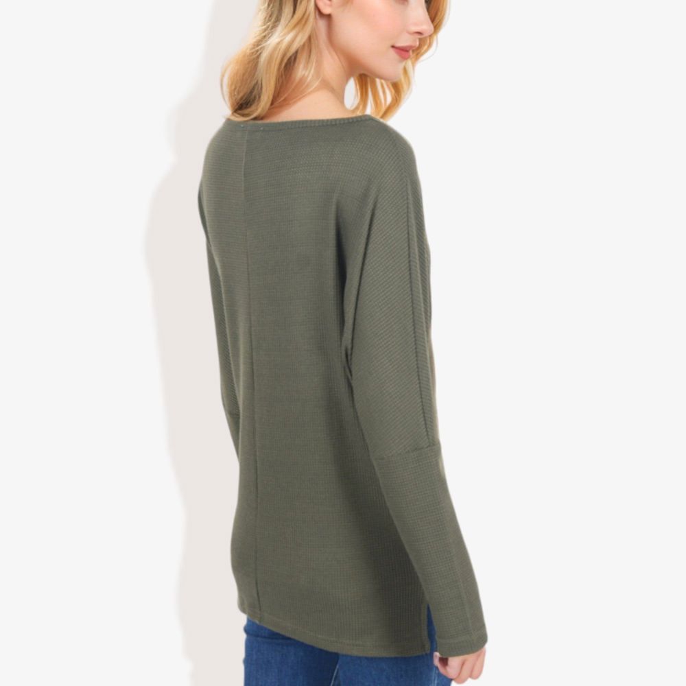 Open Neck Waffle Knit Dolman Sleeve Side Slit Tunic Pullover