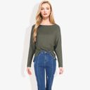 Green Medium Open Neck Waffle Knit Dolman Sleeve Side Slit Tunic Pullover