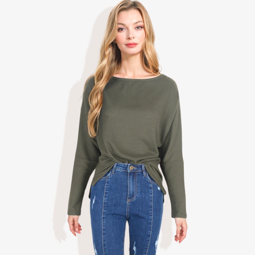 Open Neck Waffle Knit Dolman Sleeve Side Slit Tunic Pullover