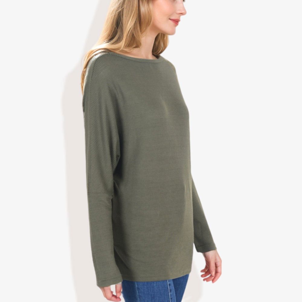 Open Neck Waffle Knit Dolman Sleeve Side Slit Tunic Pullover