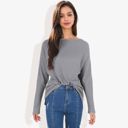 Gray Large Open Neck Waffle Knit Dolman Sleeve Side Slit Tunic Pullover