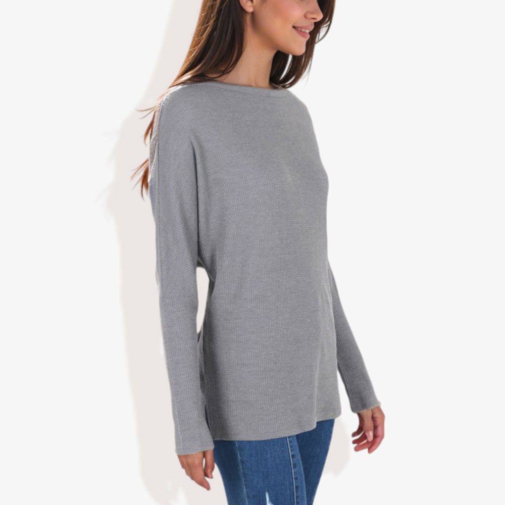 Open Neck Waffle Knit Dolman Sleeve Side Slit Tunic Pullover