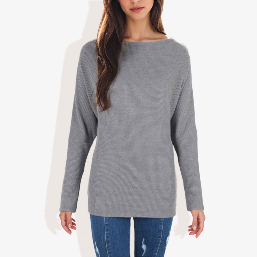 Open Neck Waffle Knit Dolman Sleeve Side Slit Tunic Pullover