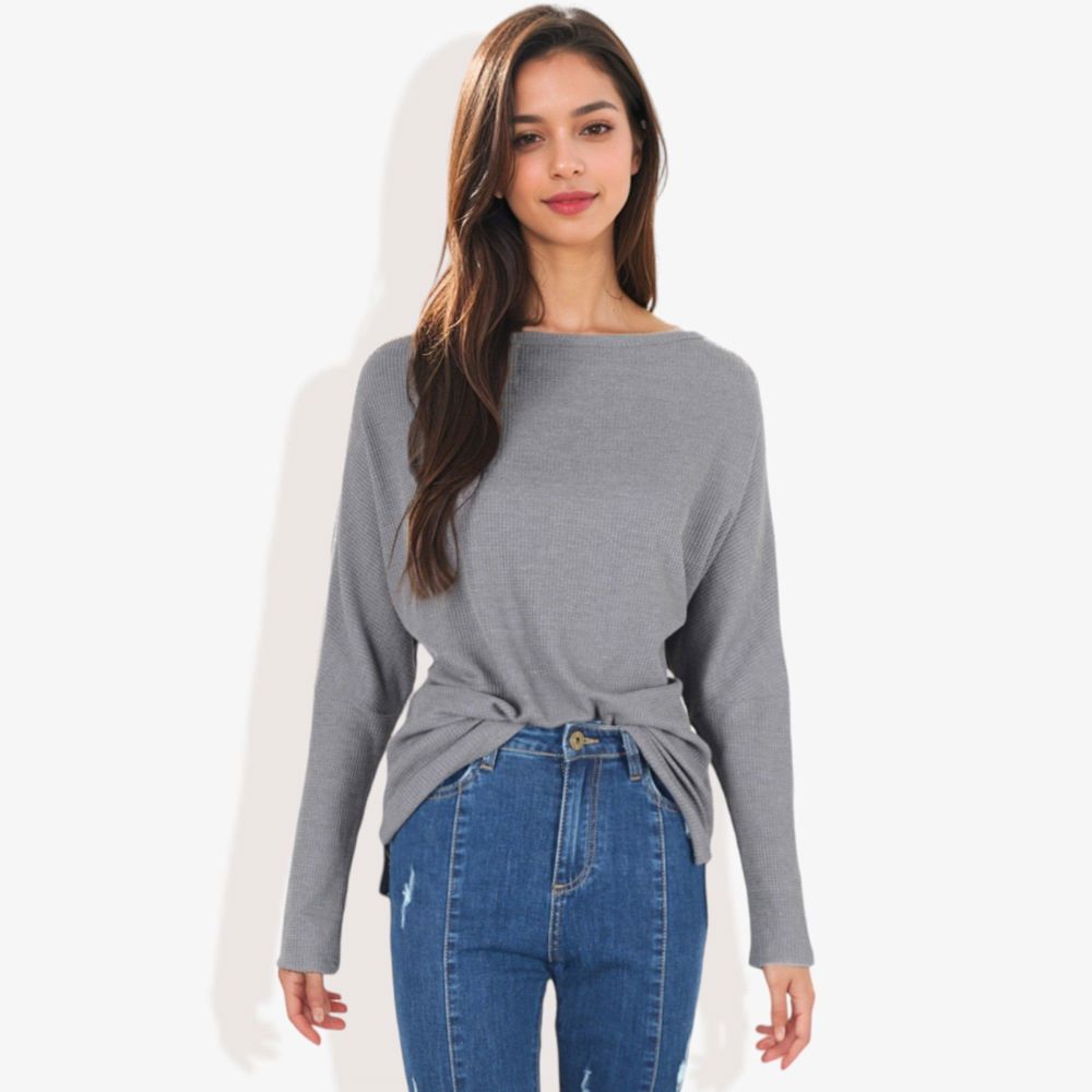 Open Neck Waffle Knit Dolman Sleeve Side Slit Tunic Pullover