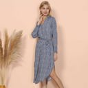 Blue Large Long Sleeve Button-Down Midi Dress with Floral Print and Waist Tie