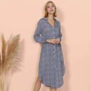 Blue Large Long Sleeve Button-Down Midi Dress with Floral Print and Waist Tie