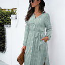 Green Large Long Sleeve Button-Down Midi Dress with Floral Print and Waist Tie