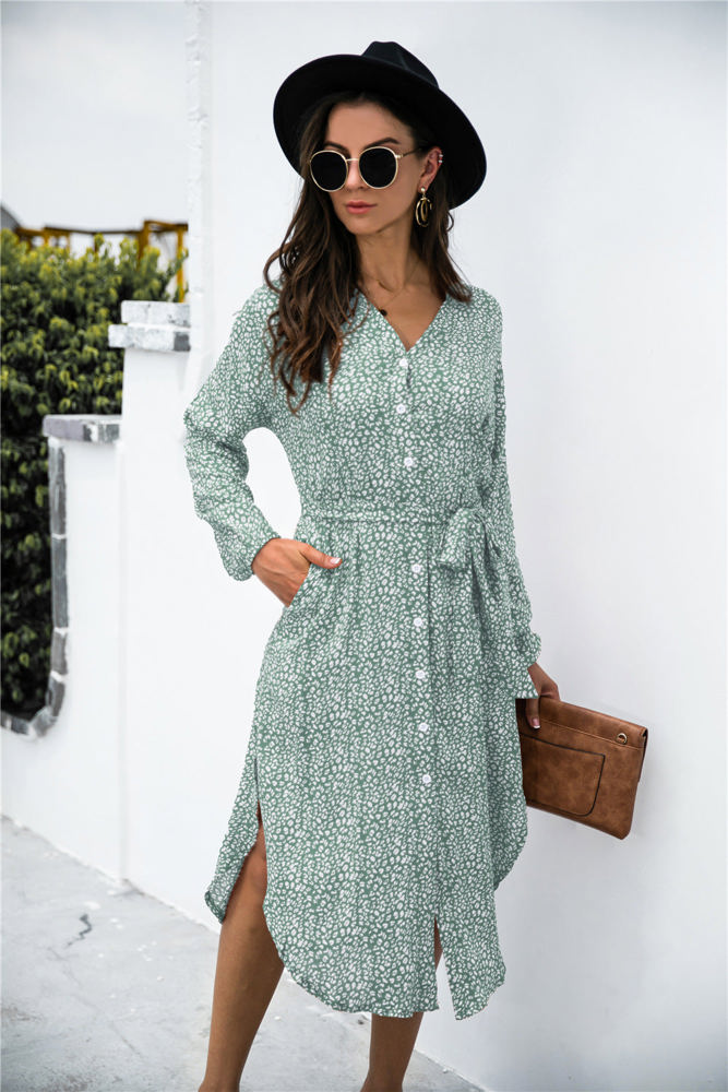 Long Sleeve Button-Down Midi Dress with Floral Print and Waist Tie