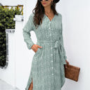 Green Large Long Sleeve Button-Down Midi Dress with Floral Print and Waist Tie