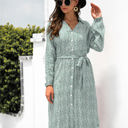 Green Large Long Sleeve Button-Down Midi Dress with Floral Print and Waist Tie