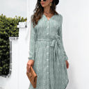 Green Large Long Sleeve Button-Down Midi Dress with Floral Print and Waist Tie