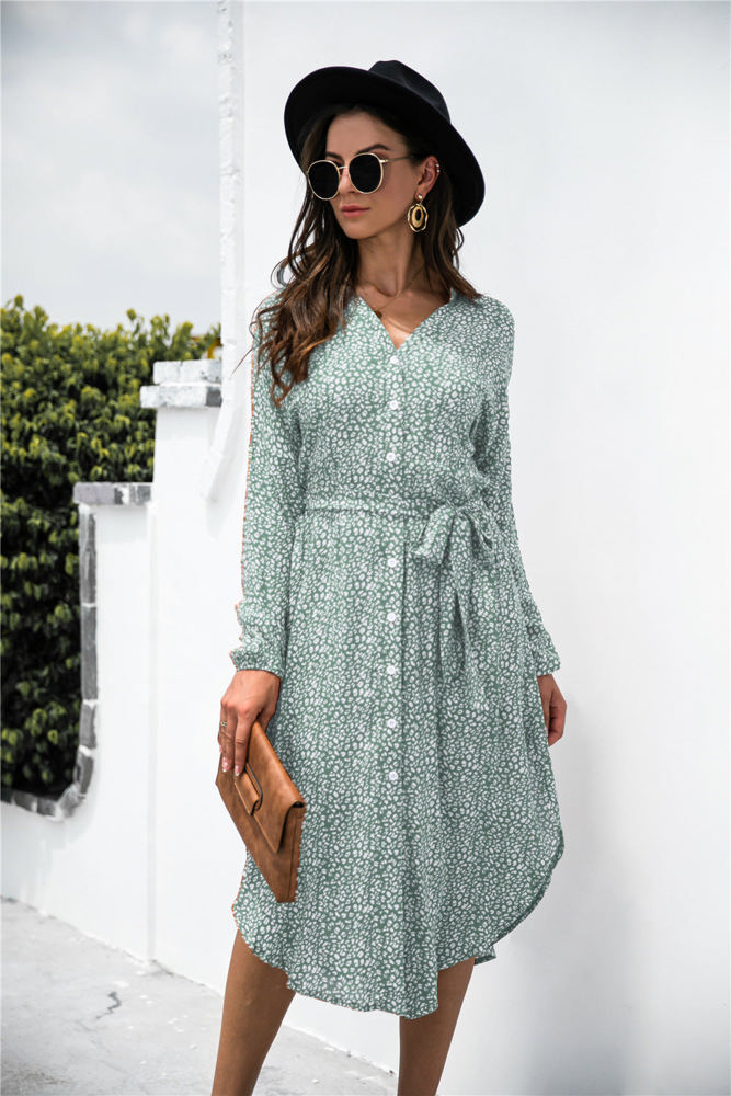 Long Sleeve Button-Down Midi Dress with Floral Print and Waist Tie