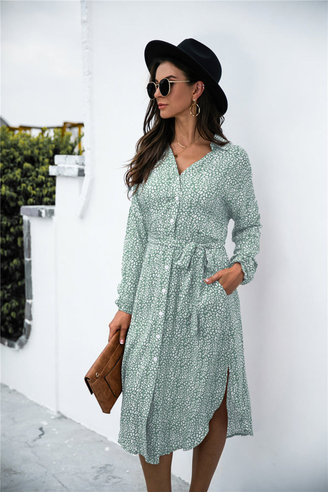 Long Sleeve Button-Down Midi Dress with Floral Print and Waist Tie