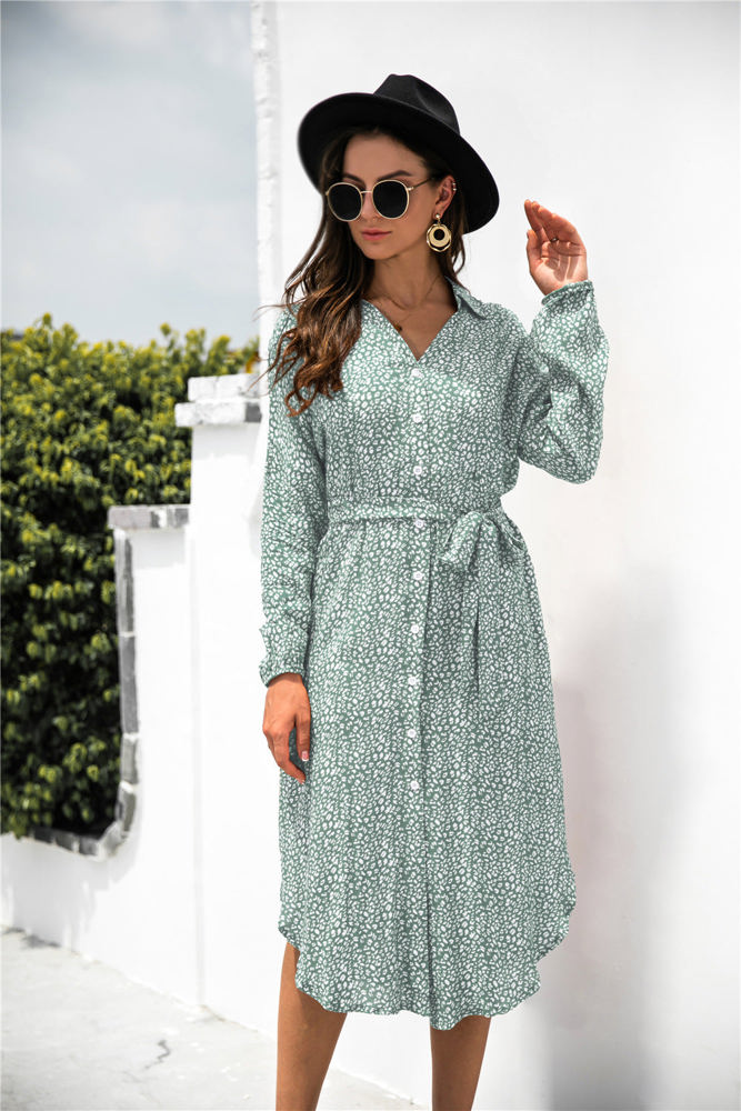 Long Sleeve Button-Down Midi Dress with Floral Print and Waist Tie