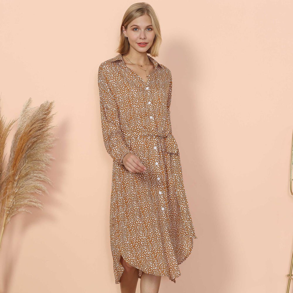 Long Sleeve Button-Down Midi Dress with Floral Print and Waist Tie