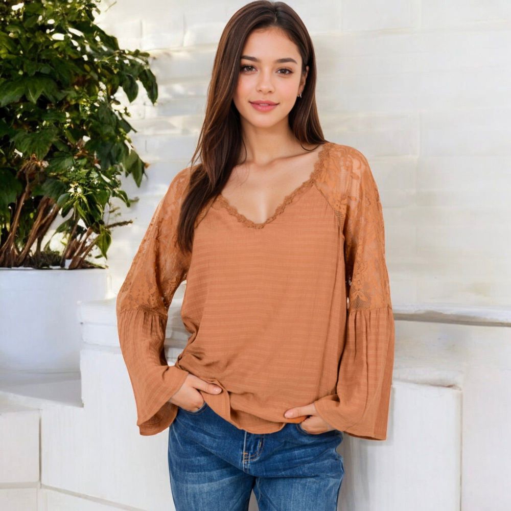 Lace Detail V-Neck Blouse with Bell Sleeves