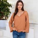  Lace Detail V-Neck Blouse with Bell Sleeves