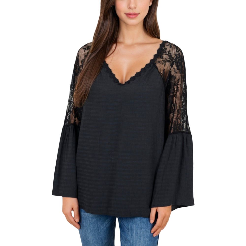 Lace Detail V-Neck Blouse with Bell Sleeves