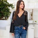 Black Large Lace Detail V-Neck Blouse with Bell Sleeves