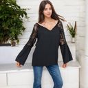 Black Large Lace Detail V-Neck Blouse with Bell Sleeves