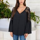 Black Large Lace Detail V-Neck Blouse with Bell Sleeves