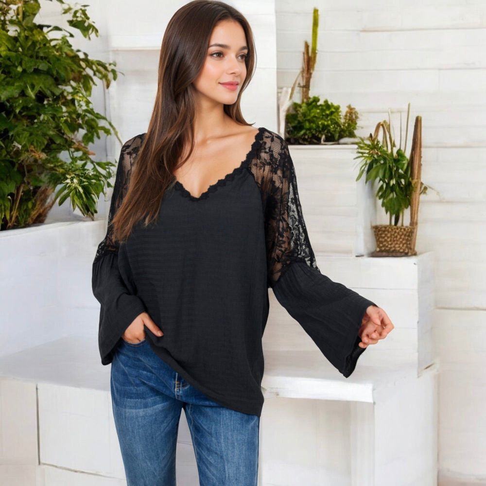 Lace Detail V-Neck Blouse with Bell Sleeves