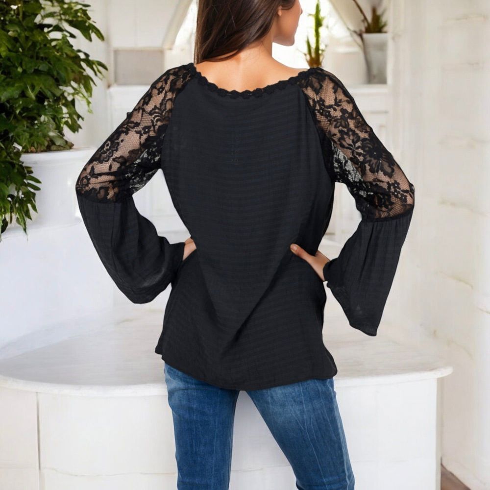 Lace Detail V-Neck Blouse with Bell Sleeves