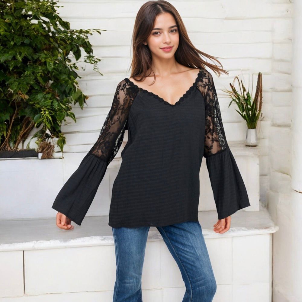 Lace Detail V-Neck Blouse with Bell Sleeves