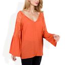 Orange Large Lace Detail V-Neck Blouse with Bell Sleeves