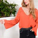 Orange Large Lace Detail V-Neck Blouse with Bell Sleeves