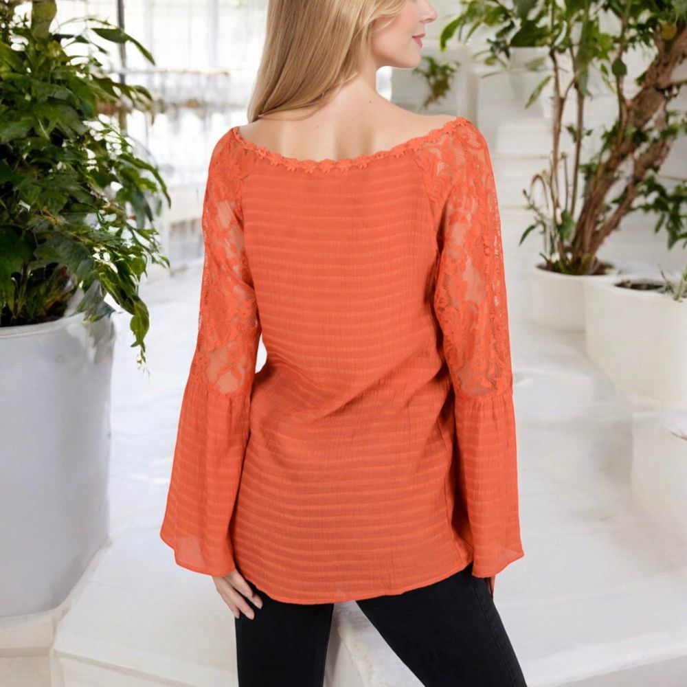 Lace Detail V-Neck Blouse with Bell Sleeves