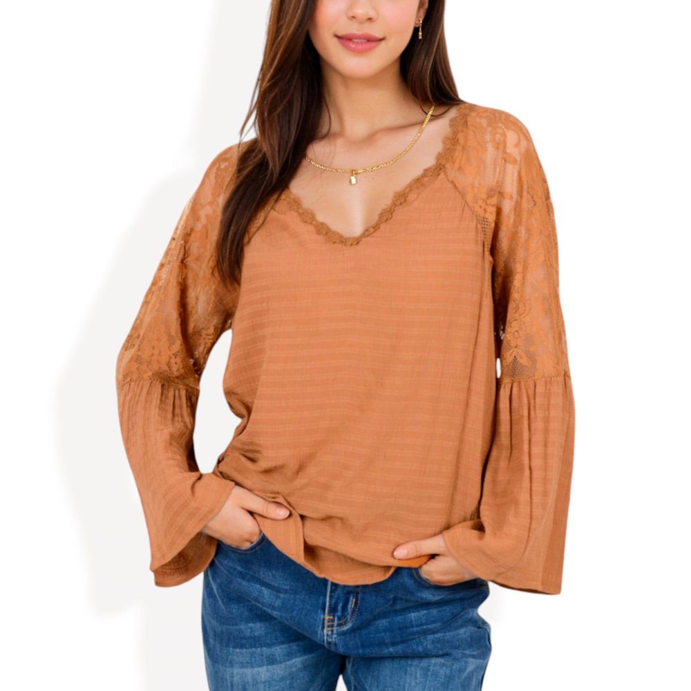 Lace Detail V-Neck Blouse with Bell Sleeves