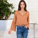 Brown Large Lace Detail V-Neck Blouse with Bell Sleeves