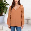 Brown Large Lace Detail V-Neck Blouse with Bell Sleeves