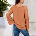 Brown Large Lace Detail V-Neck Blouse with Bell Sleeves