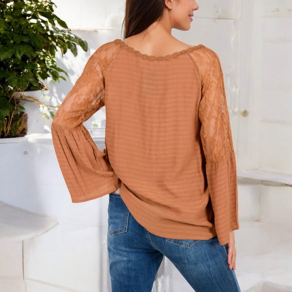 Lace Detail V-Neck Blouse with Bell Sleeves